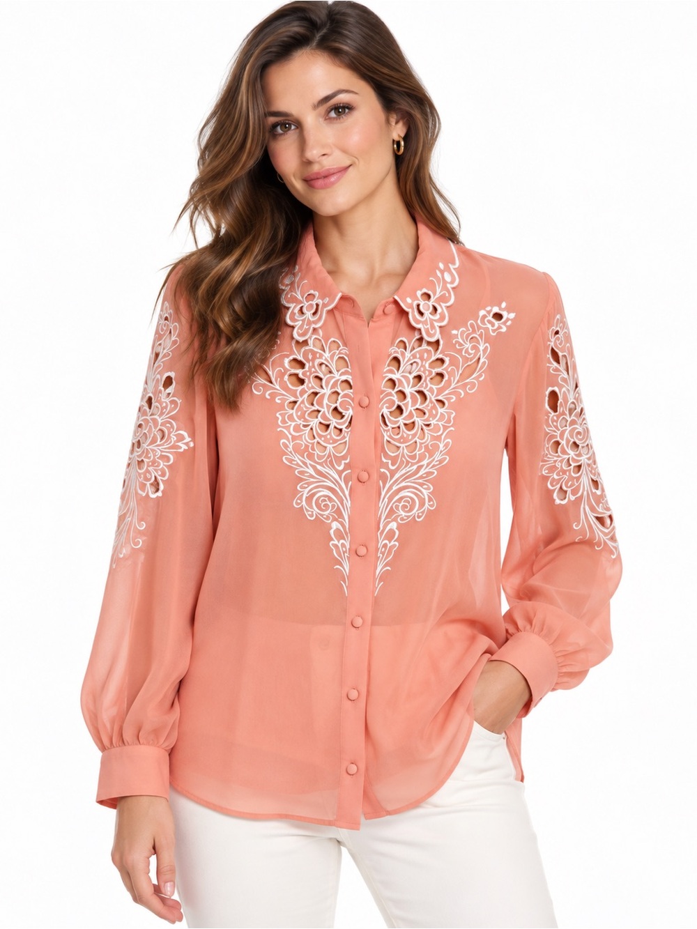Bob Mackie Wearable Art 100% Silk Coral Embroidered Cutout Blouse w/ Camisole
